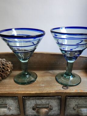 Set of Two Blue Rim Handblown Martini Glasses